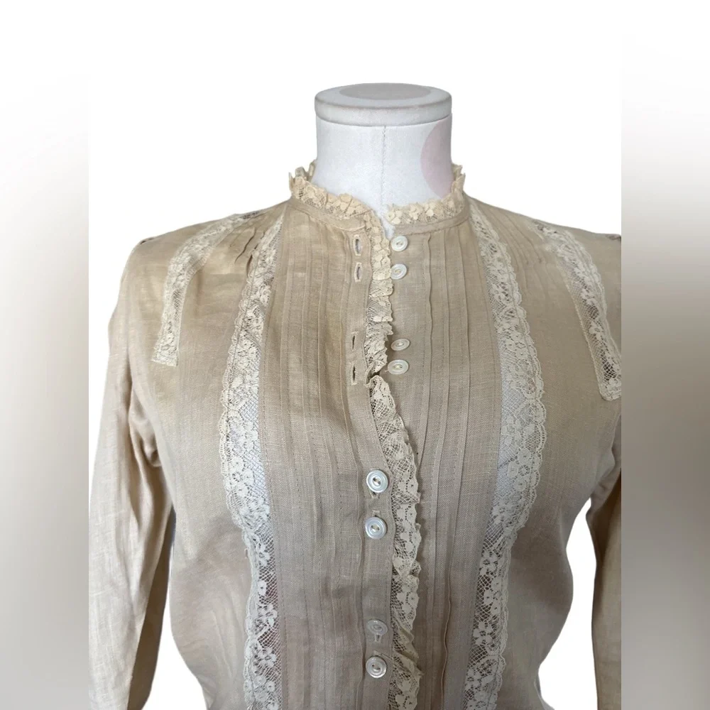 Victorian Prairie Cottagecore Linen Lace Blouse – Beige – S - Picture 8 of 11